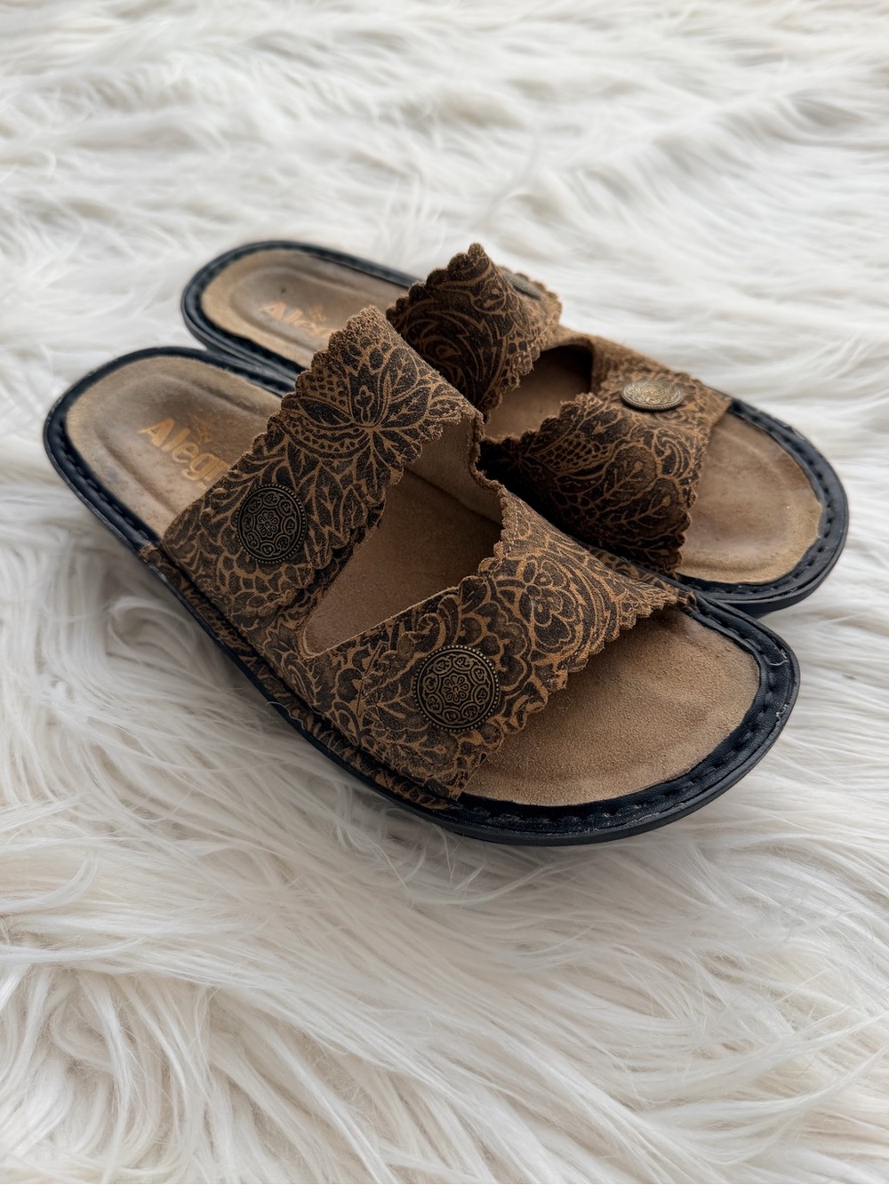 Alegria Sandra Freedom Rock Brown & Gold Floral Double Adjustable Strap Sandals
